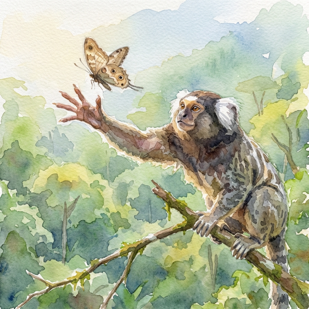 Watercolor of a marmoset reaching toward a butterfly